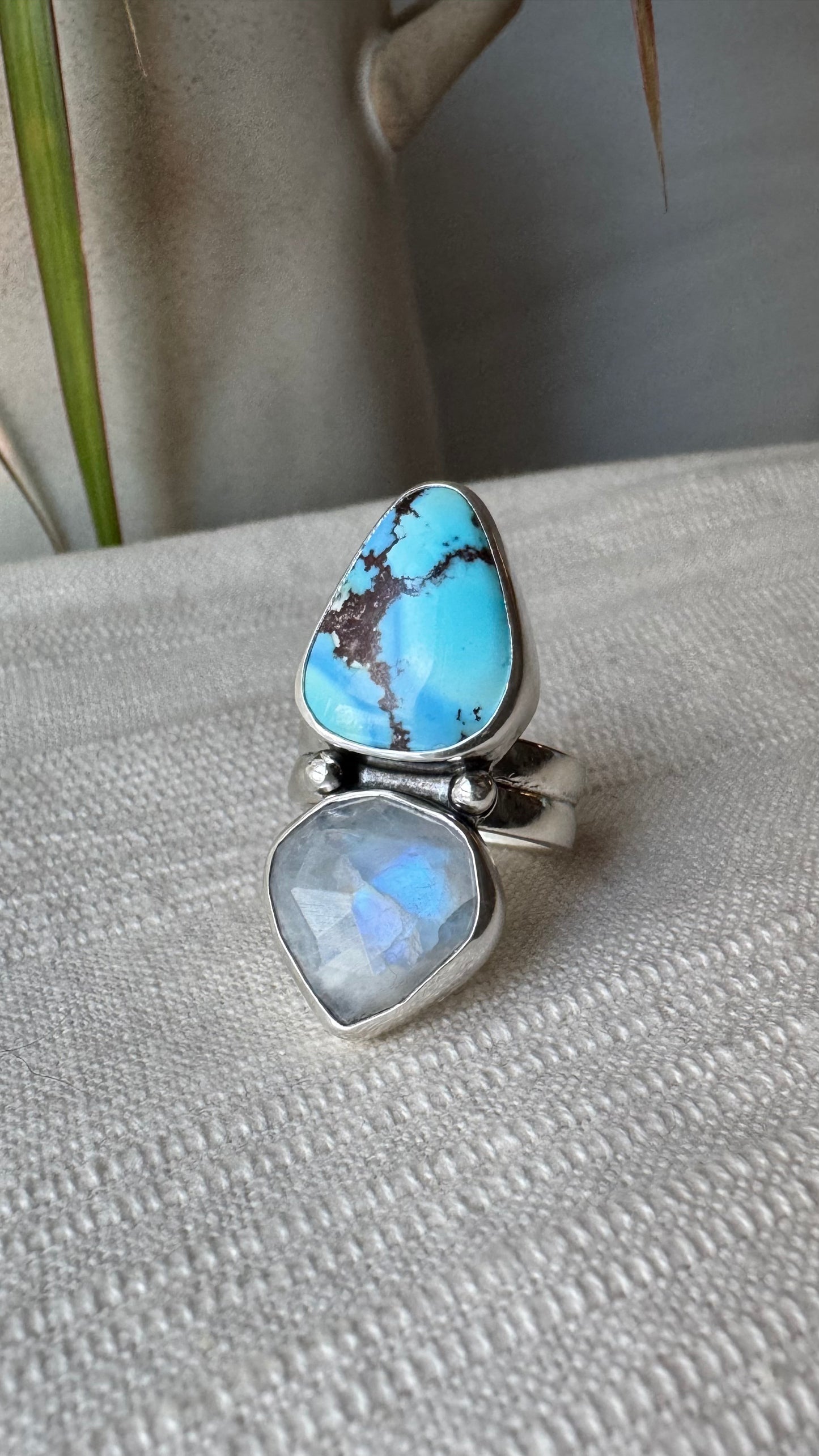 Golden Hills Turquoise and Rainbow Moonstone Ring (Sz 7)