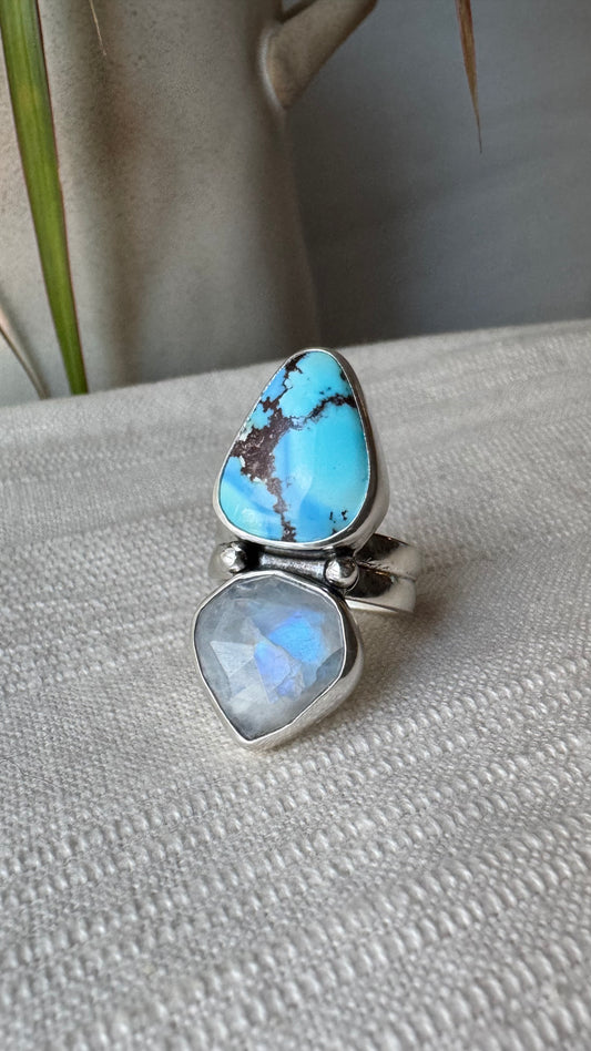 Golden Hills Turquoise and Rainbow Moonstone Ring (Sz 7)