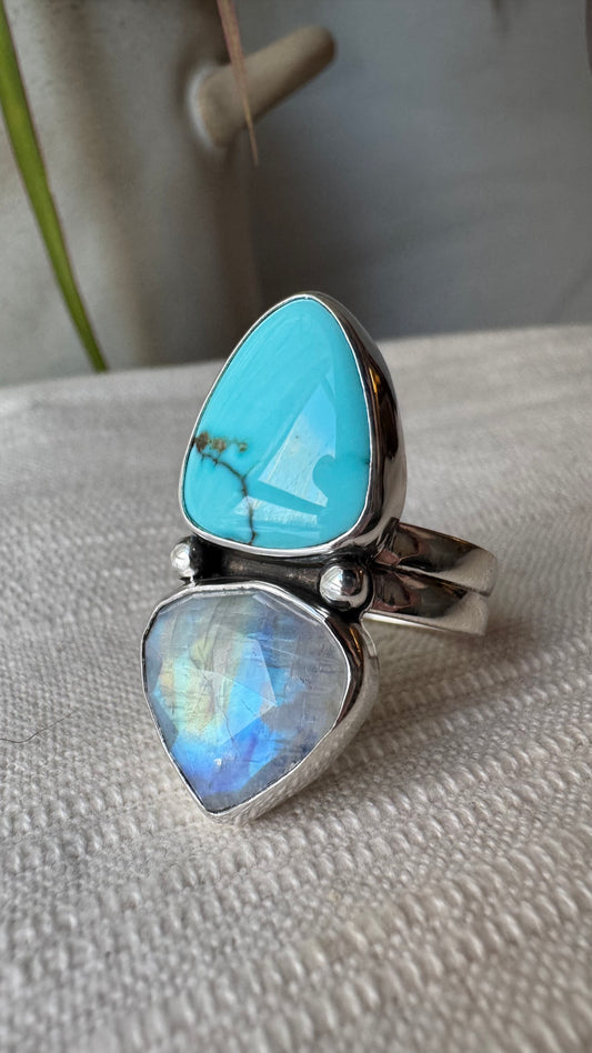 Lone Mountain Turquoise and Rainbow Moonstone Ring (SZ 11)