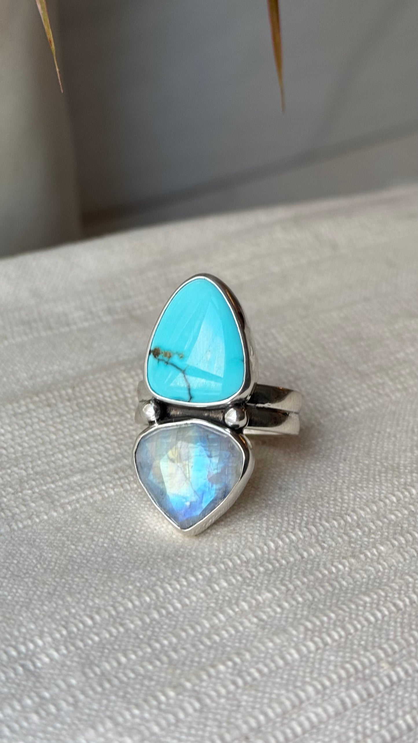 Lone Mountain Turquoise and Rainbow Moonstone Ring (SZ 11)