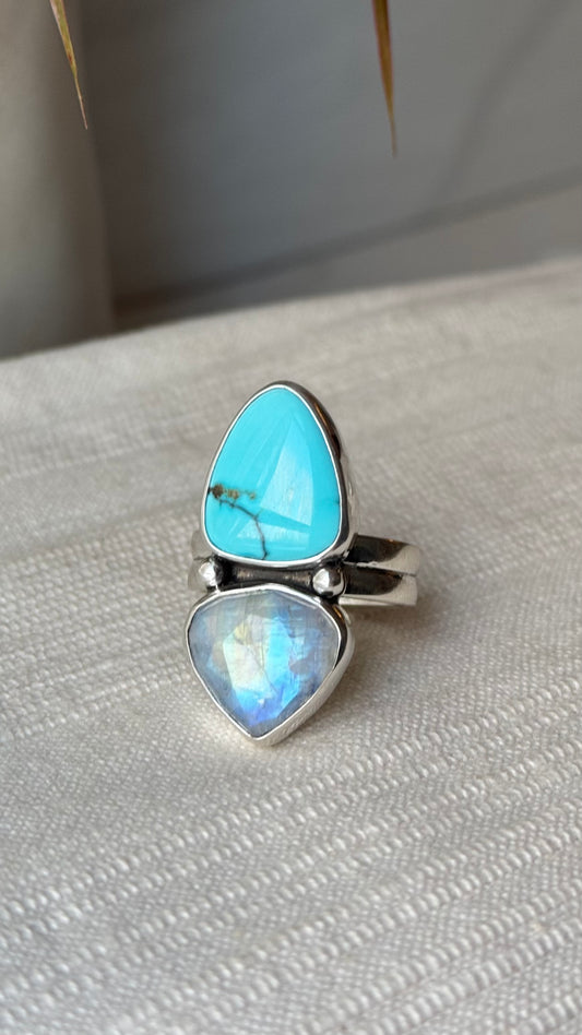 Lone Mountain Turquoise and Rainbow Moonstone Ring (SZ 11)