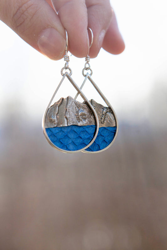 Large Mt. Redoubt Sterling Silver Drop Earrings With Blue Alaskan Salmon Leather