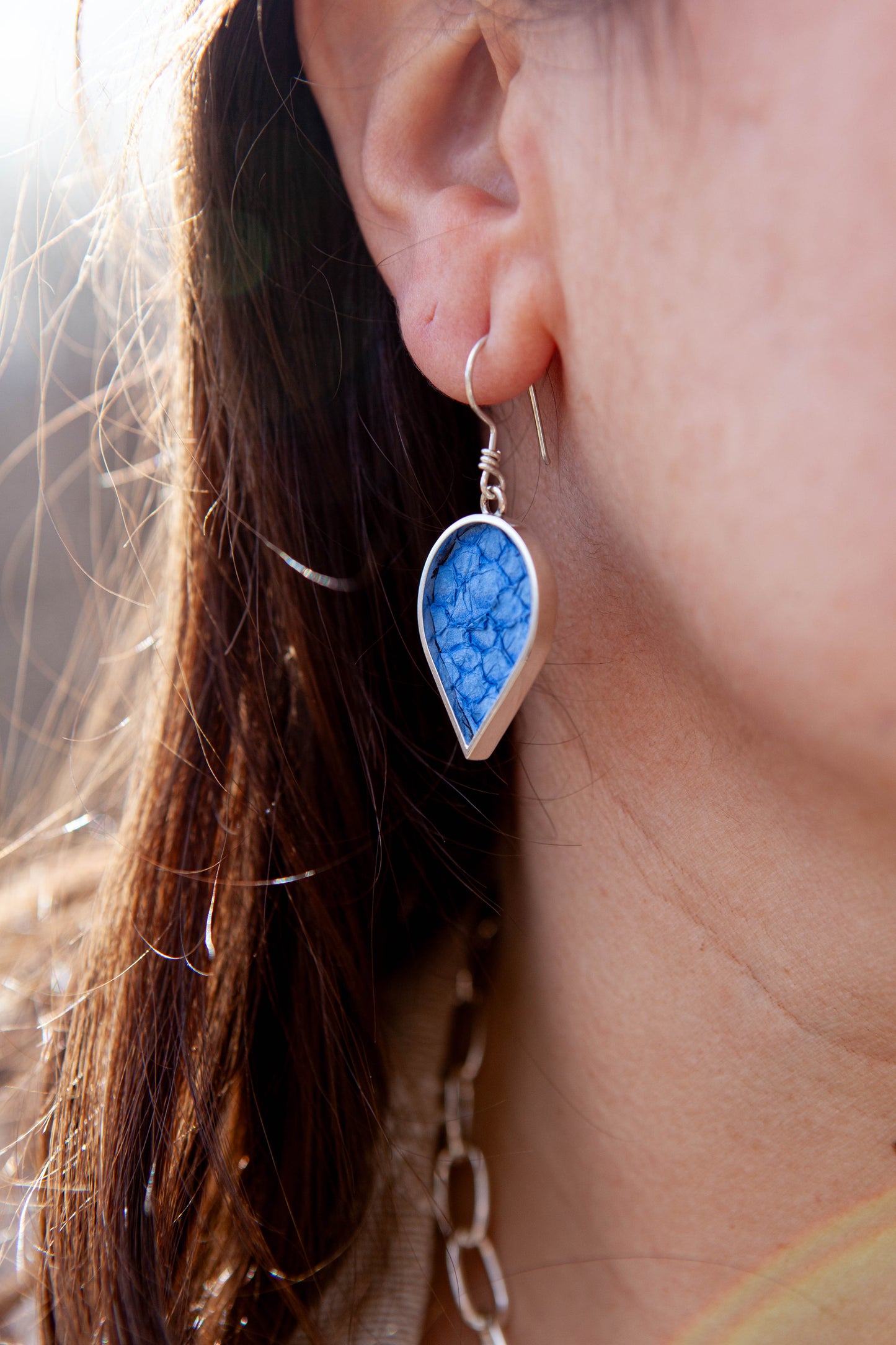 Large Sterling Silver Salmon Leather Drop Earrings