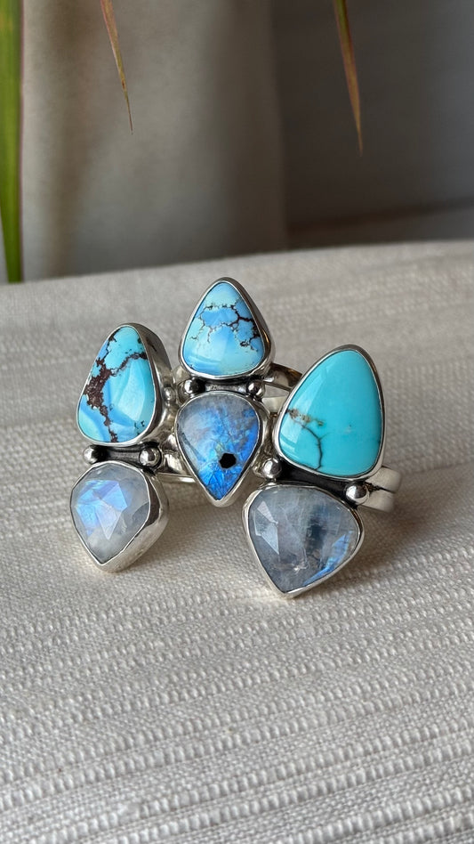 Golden Hills Turquoise and Rainbow Moonstone Ring (Sz 7)