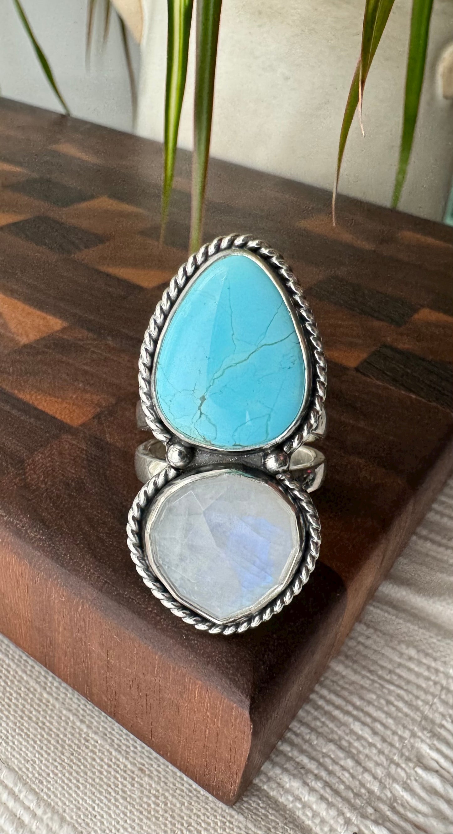 Blue Gem and Moonstone Ring Size 7