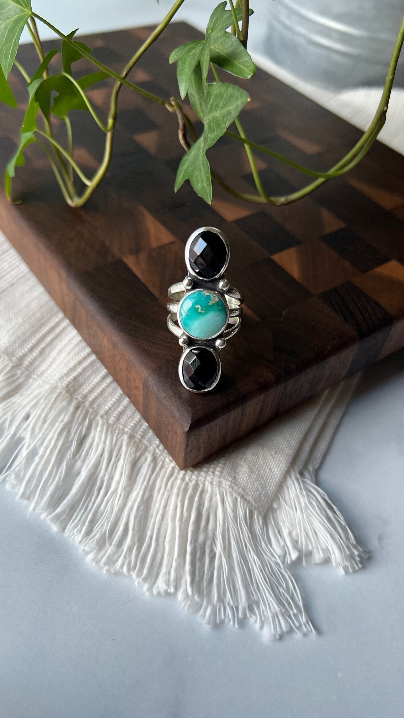 Fox Turquoise and Black Onyx Ring (Sz 6.75)