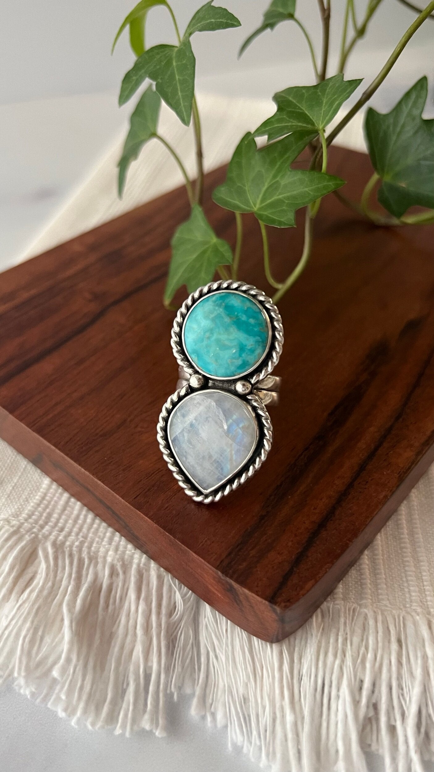 Fox Turquoise and Rainbow Moonstone Ring (Read full description)