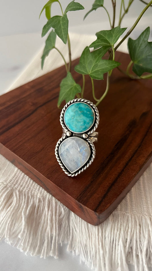 Fox Turquoise and Rainbow Moonstone Ring (Read full description)