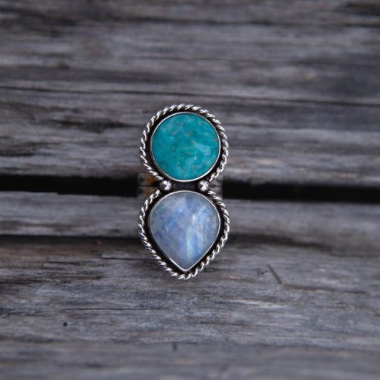 Fox Turquoise and Rainbow Moonstone Ring (Read full description)