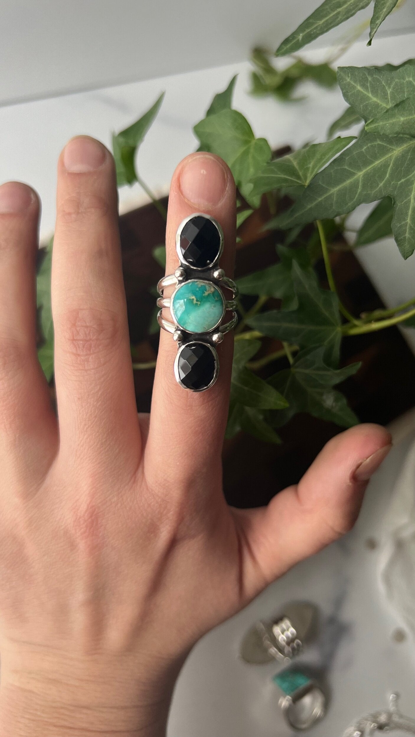 Fox Turquoise and Black Onyx Ring (Sz 6.75)