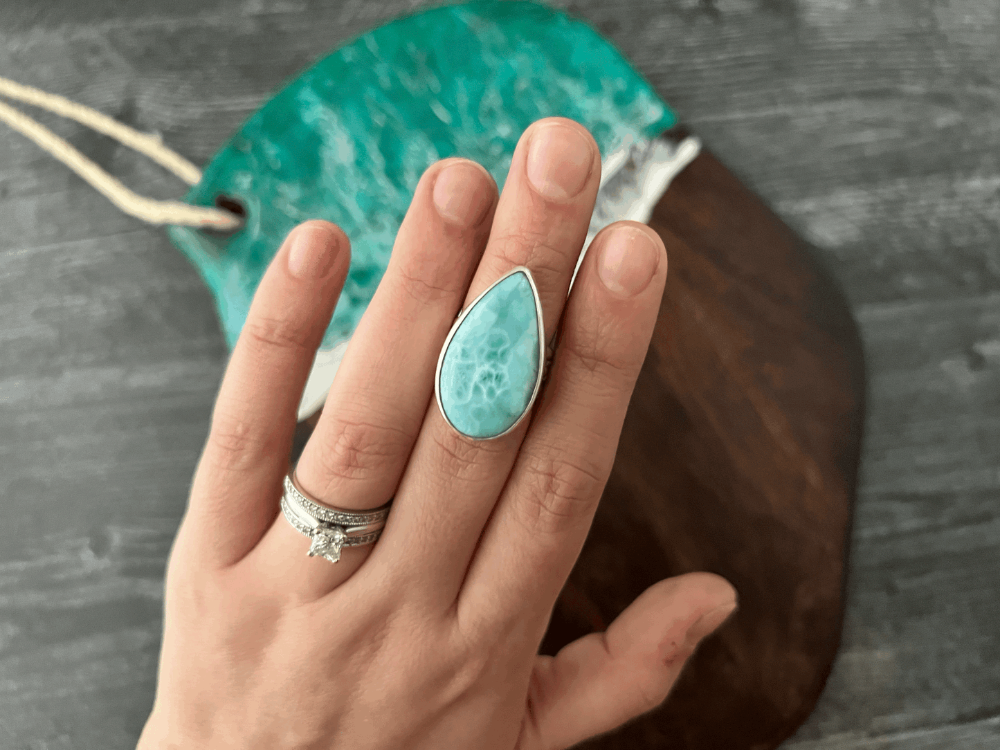 Larimar Mondo Statement Ring Size 6.75 Wide Band